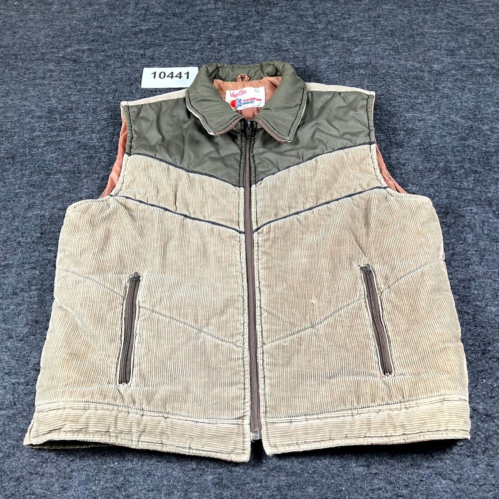 Vintage Van Cort All Weather Wear Corduroy Vest Mens Large Tan Green Full Zip